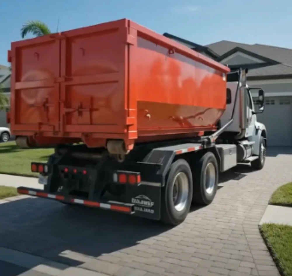 Orange roll-off dumpster delivered to a residential driveway for a home cleanout in Longview, TX