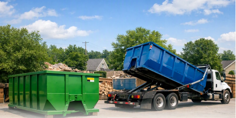 Green and blue roll-off dumpsters ready for delivery to a Longview, TX job site