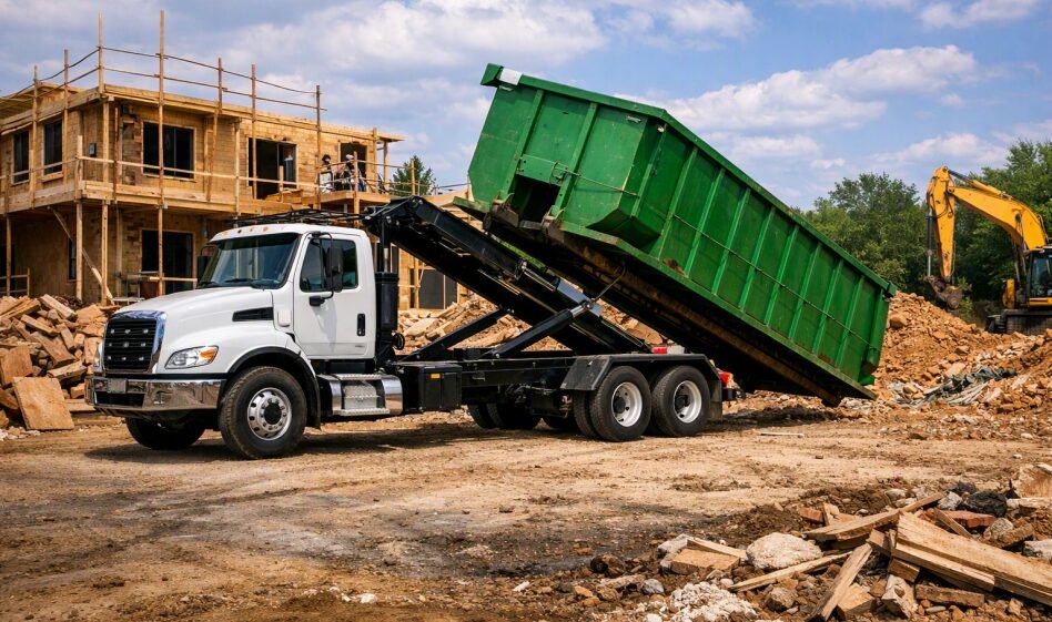 Dumpster placed alongside a home during a kitchen remodel debris removal project in Longview, TX