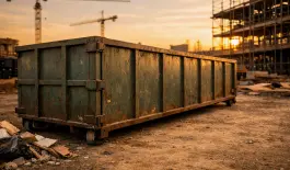 Roll-off dumpster staged at an active construction site in Longview at sunset